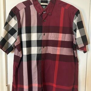 Burberry Burgundy and Black Checkered Button Down Shirt